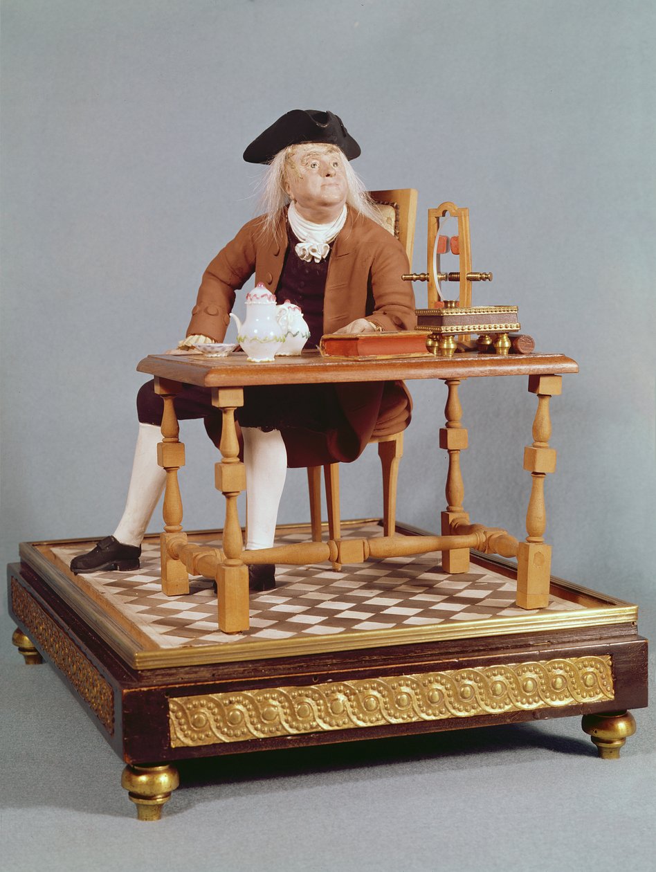 Benjamin Franklin (1706-90) modellje az asztalánál, 18. század végén alkotó: French School