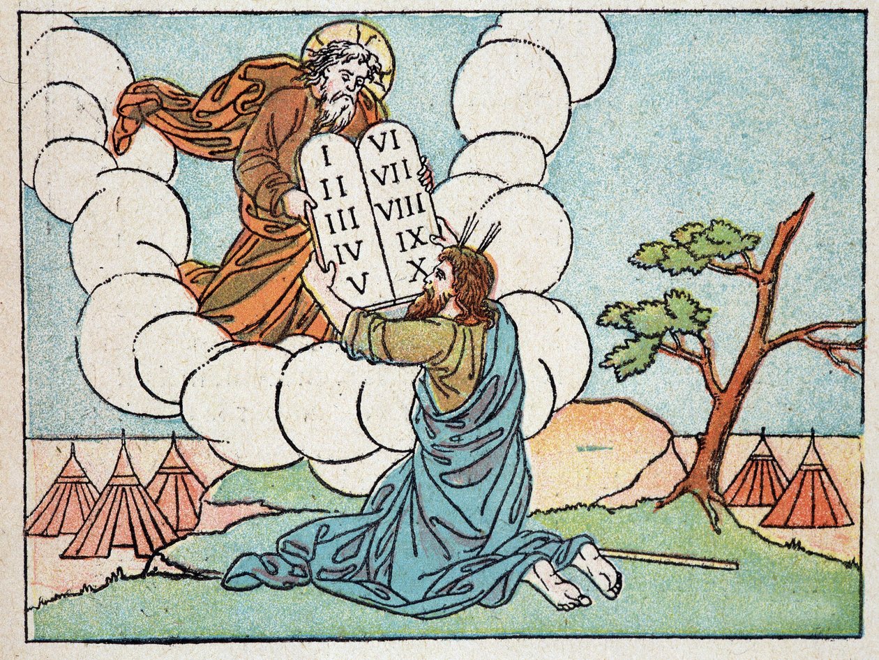 Mózes megkapja a törvénytáblázatokat – a „Szent Történelem 120 képben” c. House of Good Press, Párizs alkotó: French School