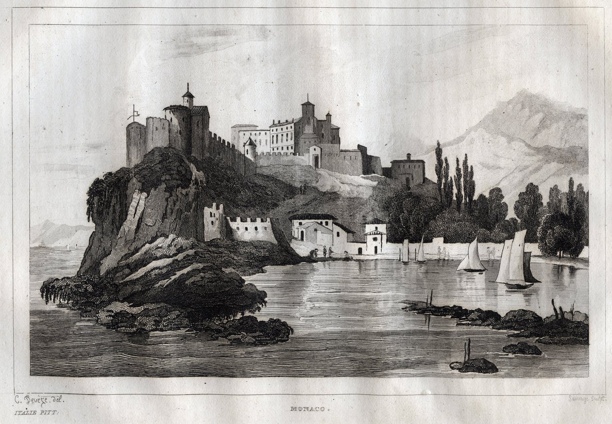 Monaco – Metszet a „” Italy festői”-ből” – Olaszország történelmi és leíró festménye”, M. de Norvins, Ch. Nodier 1834-1836. alkotó: French School