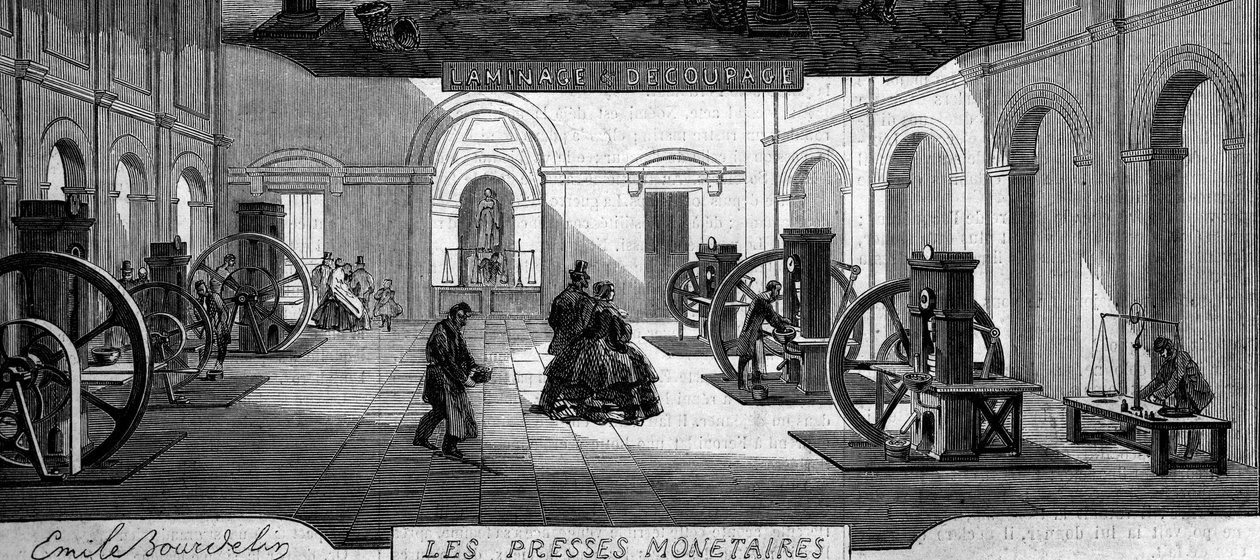 Pénzkeresés: vásároljon pénzpréseket. Metszet a „” Le Monde Illustré”” 145. számában, 1860. január 21. alkotó: French School