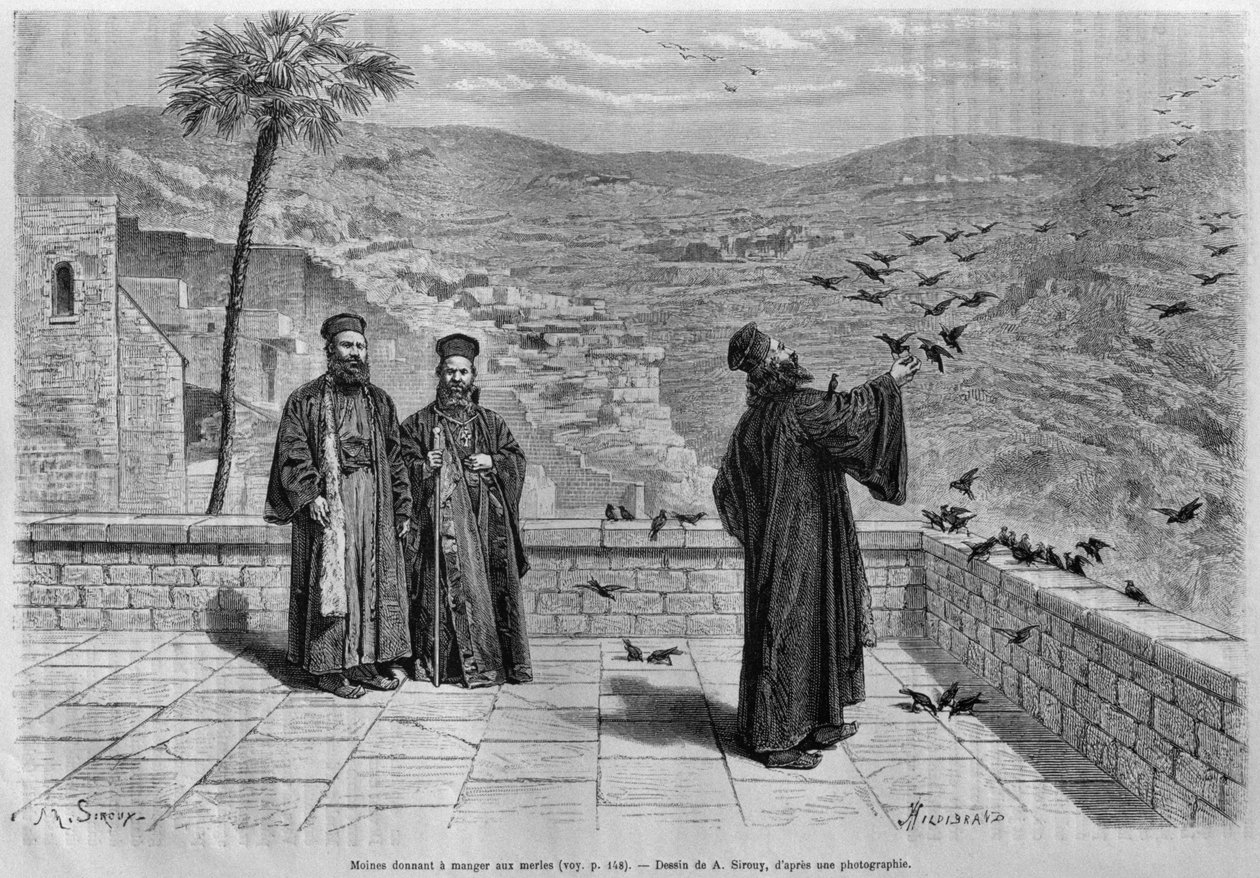 Madarakat etető szerzetes, Marsaha kolostor, Szíriából ma. Utazások Föníciában, Libanonban és Júdeában. Louis Charles Emile Lortet 1875-1880, 1884 (bw metszet) alkotó: French School
