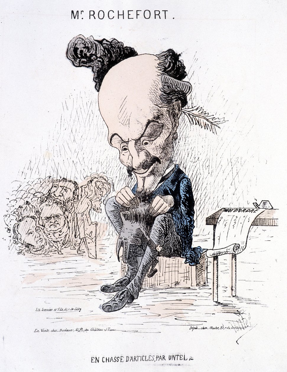 Monsieur Rochefort Untel cikkeit keresve. Karikatúra Rochefortról és a Kommünről. alkotó: French School