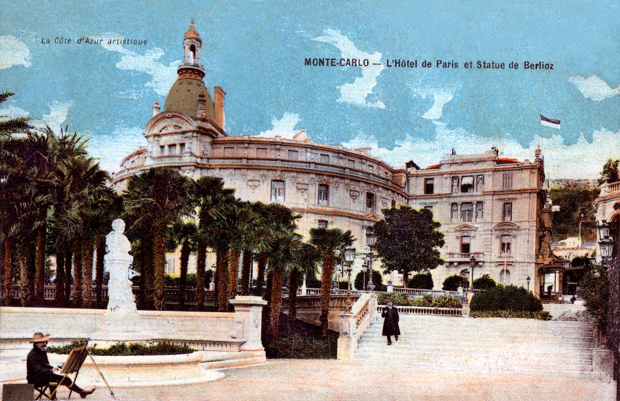 Monte-Carlo, Hotel de Paris és Berlioz szobra – színes képeslap a huszadik század elején alkotó: French School