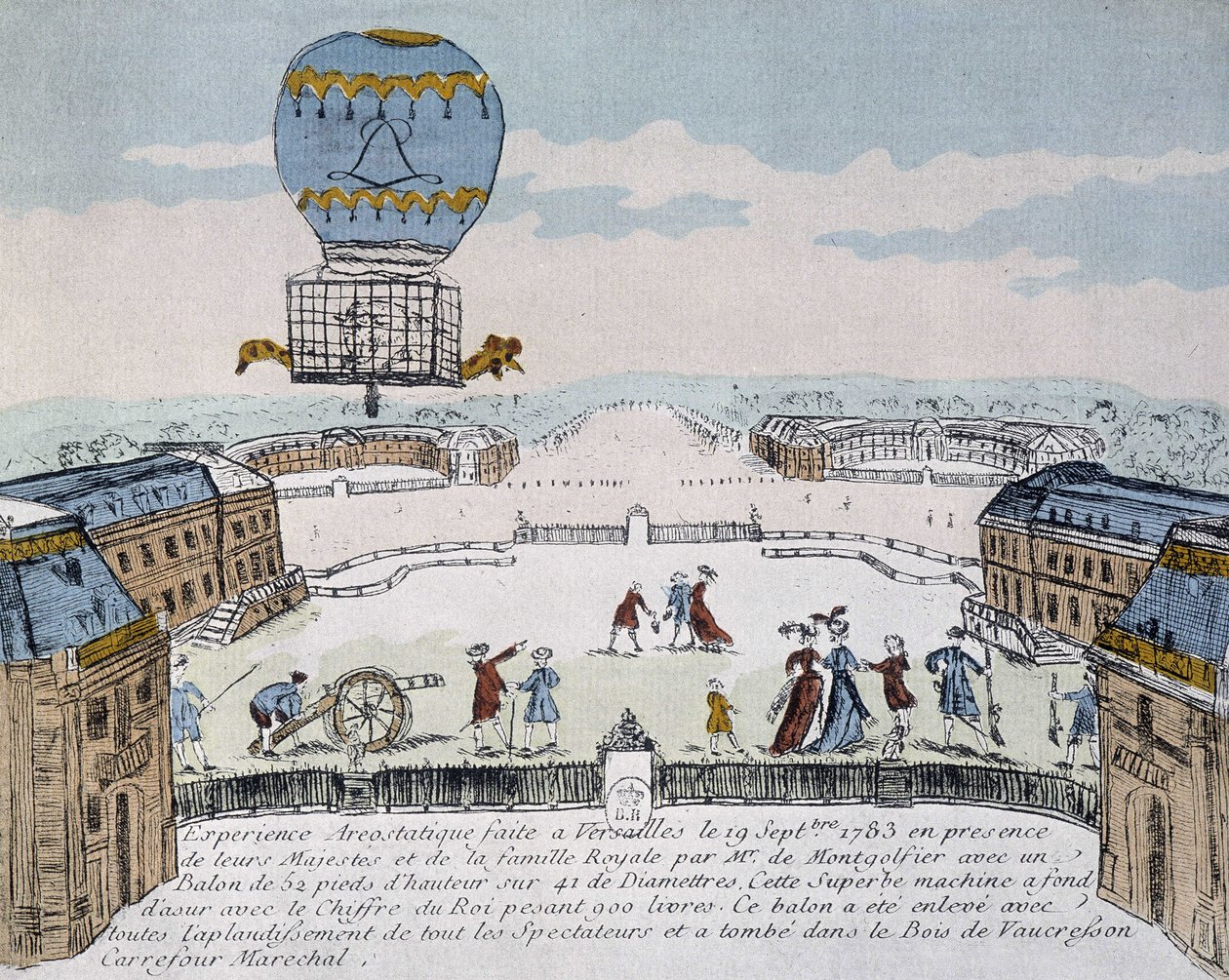 Montgolfier első, állatok által lakott aerosztát repülése Versailles-ban, szeptember 19-én alkotó: French School