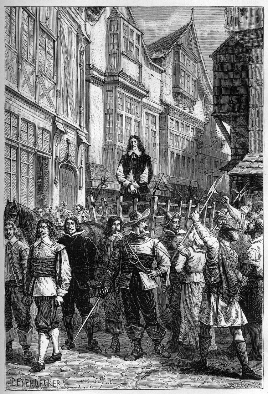 Montrose-t szekéren vitték börtönbe – James Graham (1612-1650), Montrose márki skót tábornoka, akit az Edinburgh-i High Street-en állítottak ki 1650-ben – metszet az „Anglia története a legrégibb időktől” című művéből, Francoistól Guizot 187 alkotó: French School