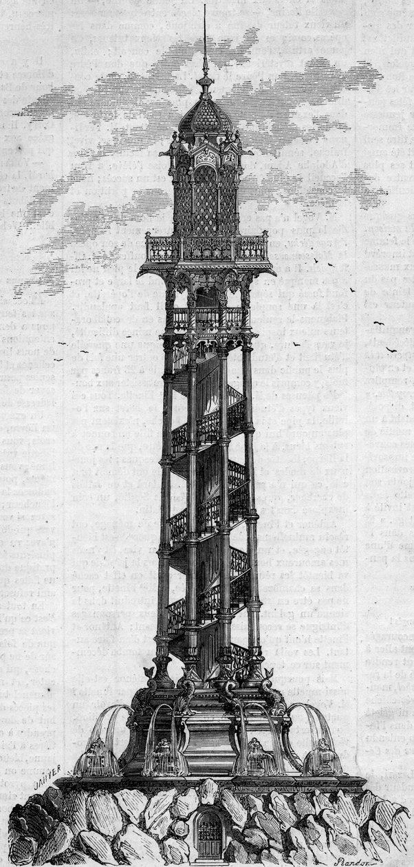 A Passy artézi kút monumentális oszlopa Charles Gosshelf Kind német mérnöktől. Metszet a „” Le Monde Illustré”” 25. számában, október 3-án alkotó: French School