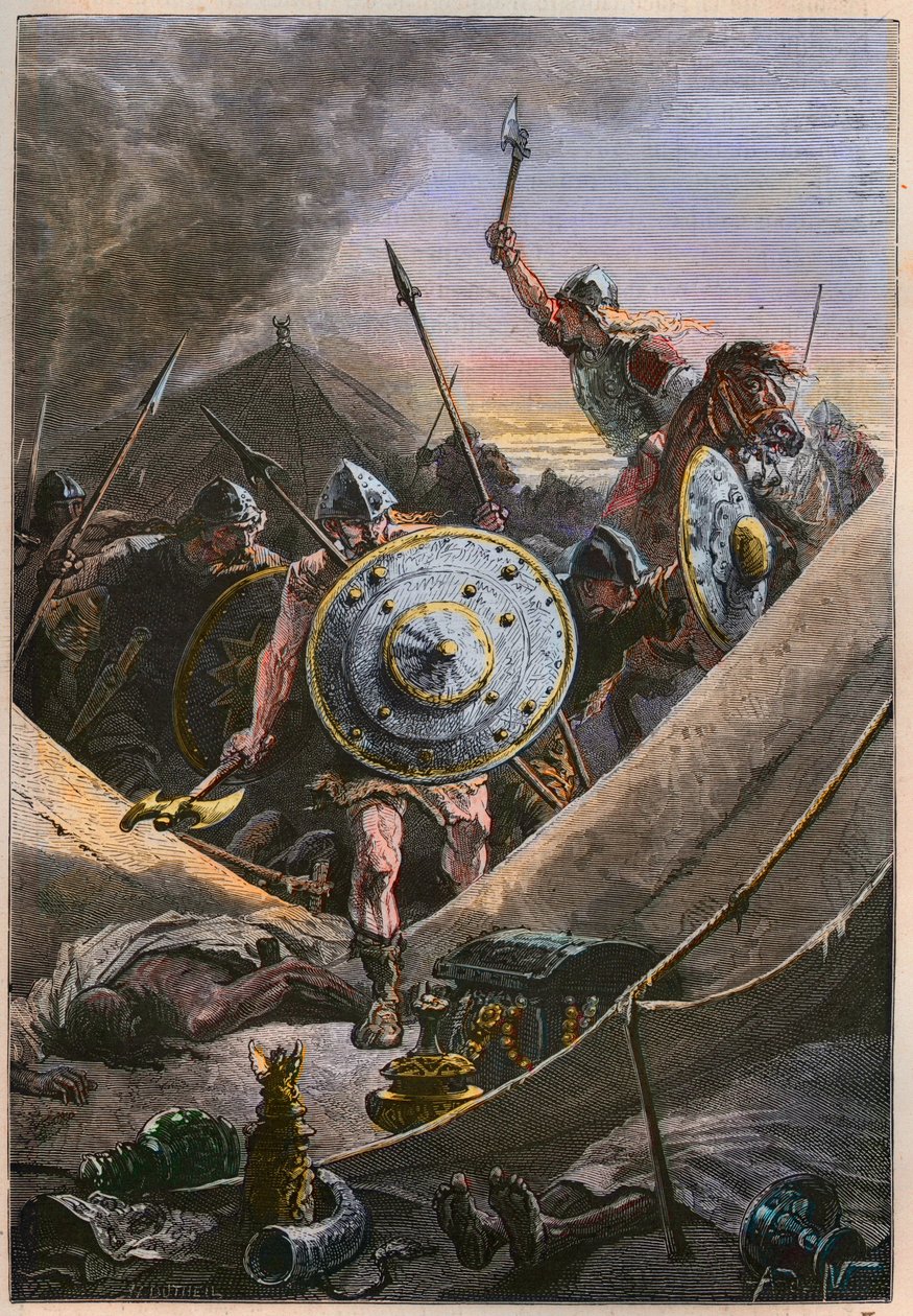 Mór inváziók a középkorban: A Charles Martel vezette frankok megtámadják a szaracénok katonai táborát a Tours-i csata (poitiers-i csata) alatt, megállítva a muszlim inváziót 732-ben – Martel Károly vezette frankok megtámadják a szaracén tábort alkotó: French School