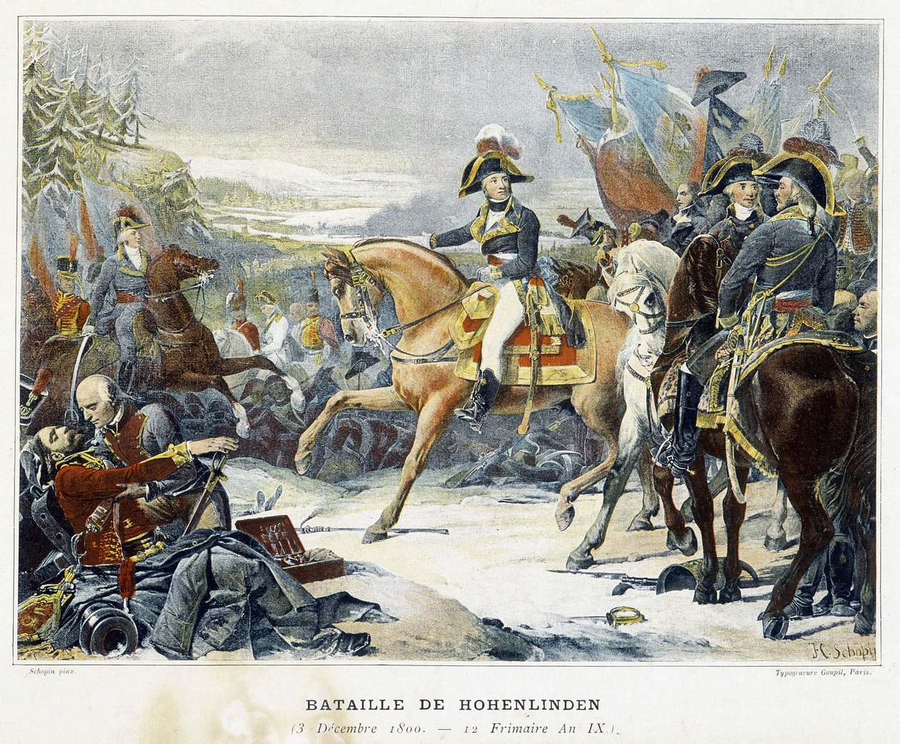 Moreau győzelme a Jean főherceg által vezényelt osztrákok felett 1800. december 3-án a Hohenlinden-i csatában (Baviere - Németország). alkotó: French School