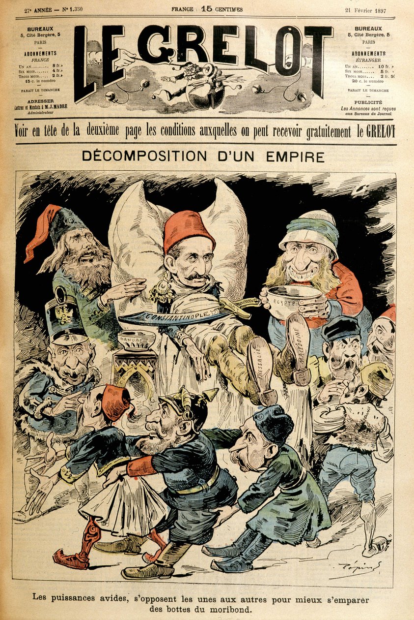 A haldokló Törökország és a csizmáiért harcoló külföldi hatalmak, „” Le Grelot” címlap, 1897. 21. 2.. alkotó: French School