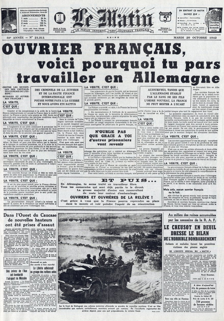 Morning Journal 21311, 1942. október 20.: The Sto – Kötelező Munkaszolgálat – Miért menjünk Németországba dolgozni? alkotó: French School