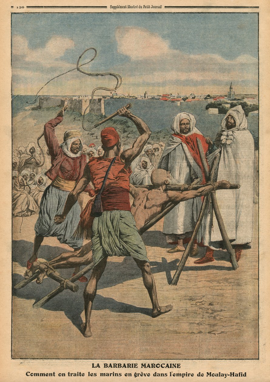 Marokkói barbárság, hogyan bánnak a sztrájkoló tengerészekkel, illusztráció a „Le Petit Journal” című folyóiratból, kiegészítő illusztráció, 1910. április 24. alkotó: French School