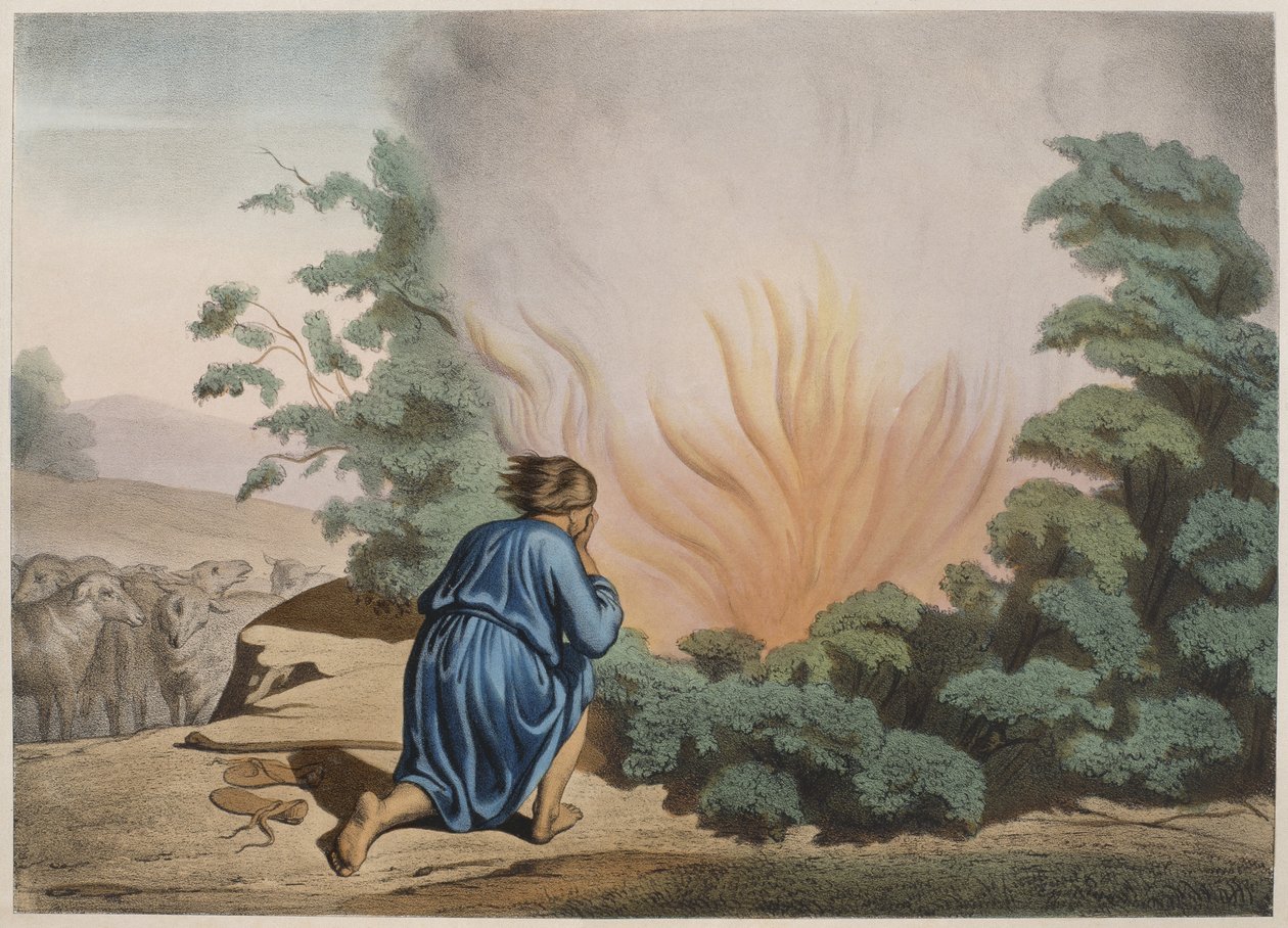 Mózes és az égő bokor, illusztráció az LHistoire Sainte katekizmusból, kiadó: Charles Delagrave, Párizs, 19. század vége alkotó: French School