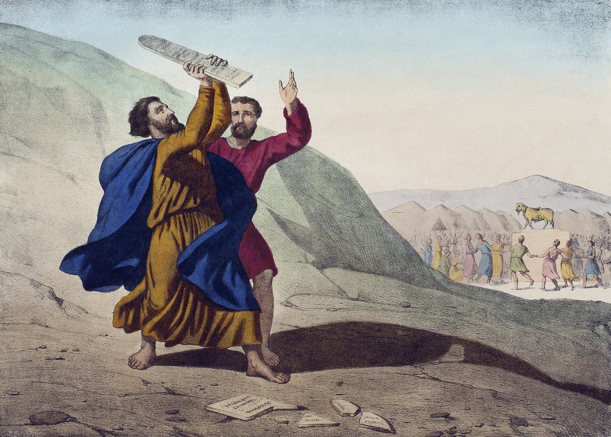 Mózes megszegi a törvény tábláit és az Aranyborjú imádását, illusztráció az LHistoire Sainte katekizmusból, Charles Delagrave kiadója, Párizs, 19. század vége alkotó: French School