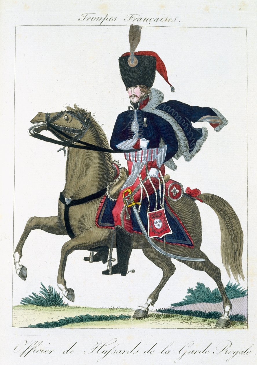 A királyi gárda huszárainak lovas tisztje, a Troupes Francaises-tól, kocsma. Chez Basset, Párizs, 1790 körül alkotó: French School