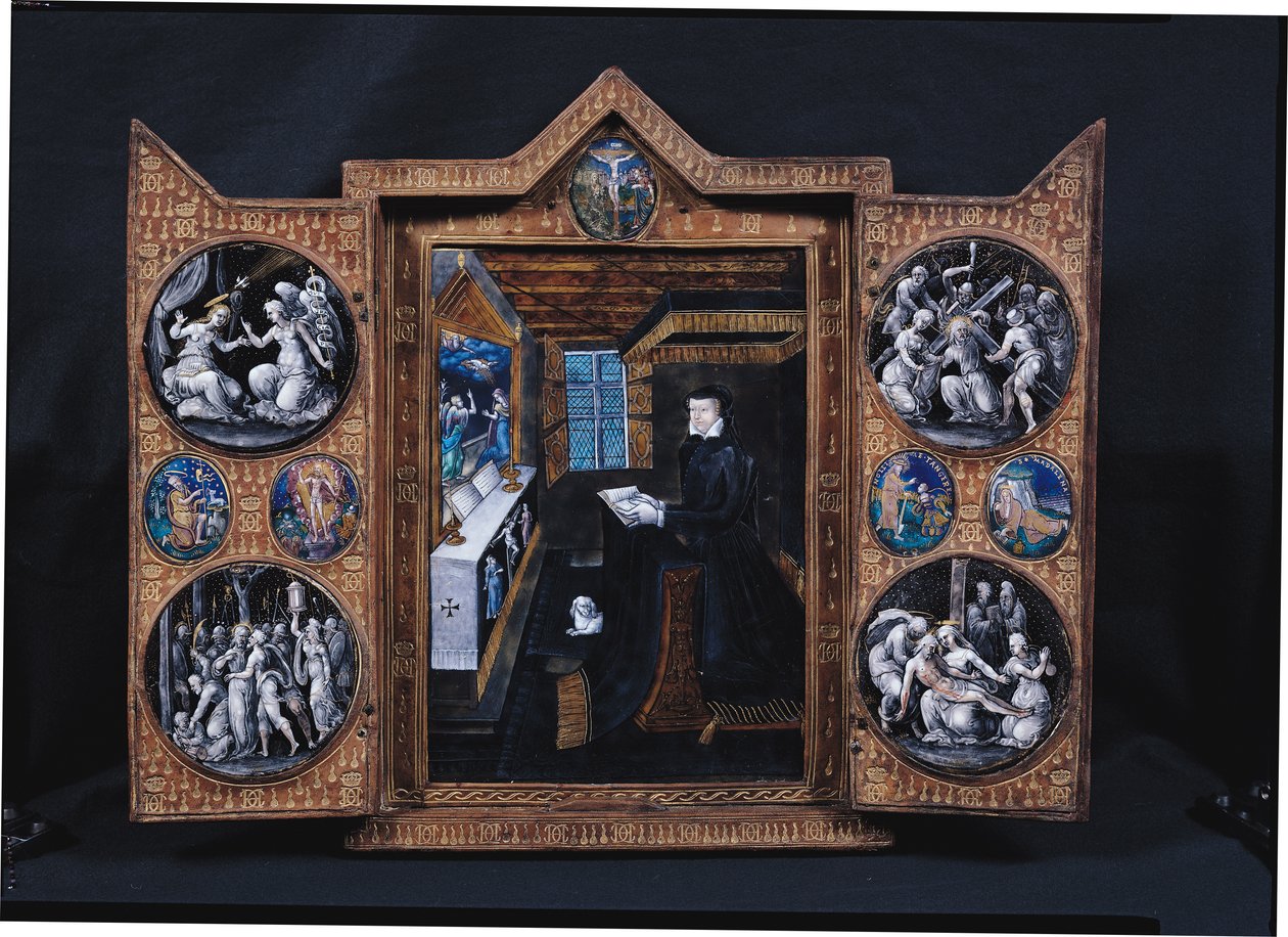 Gyászszekrény Krisztus életének jeleneteivel, II. Henrik (1519-59) és Katalin de Medici (1519-89) attribútumaival (zománc és fa) alkotó: French School