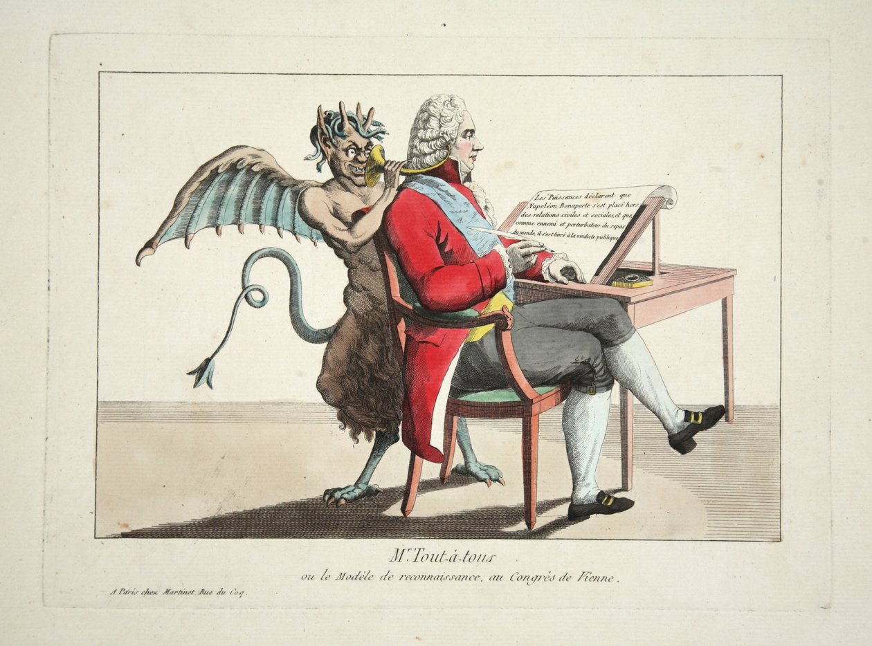 Mr. Tout-a-tous vagy az elismerés modellje, a bécsi kongresszuson, kocsma. 1815 (színes metszet) alkotó: French School