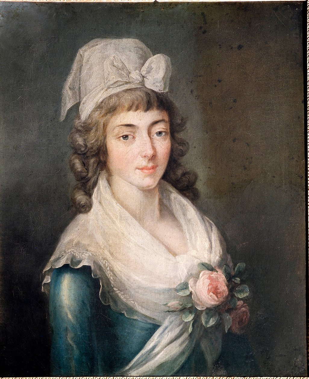 Mrs. Roland: Madame Roland (1754 - 1793), a francia forradalom alakja, Girondin sapkát viselő portréja. a francia iskola festménye alkotó: French School