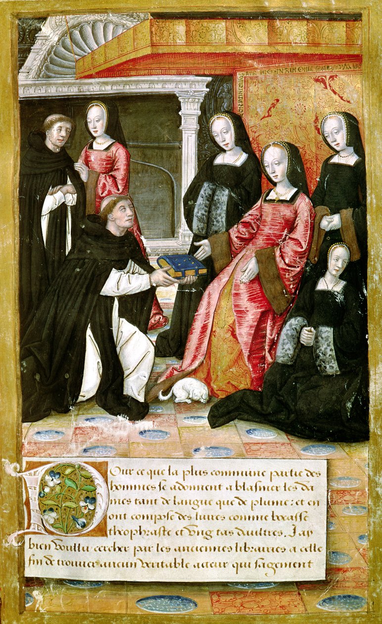 Ms.17 fol.1 A szerző felajánlja könyvét Anne of Bretagne-nak (1477-1514) a Vie des Femmes Celebresből, 1505 körül alkotó: French School