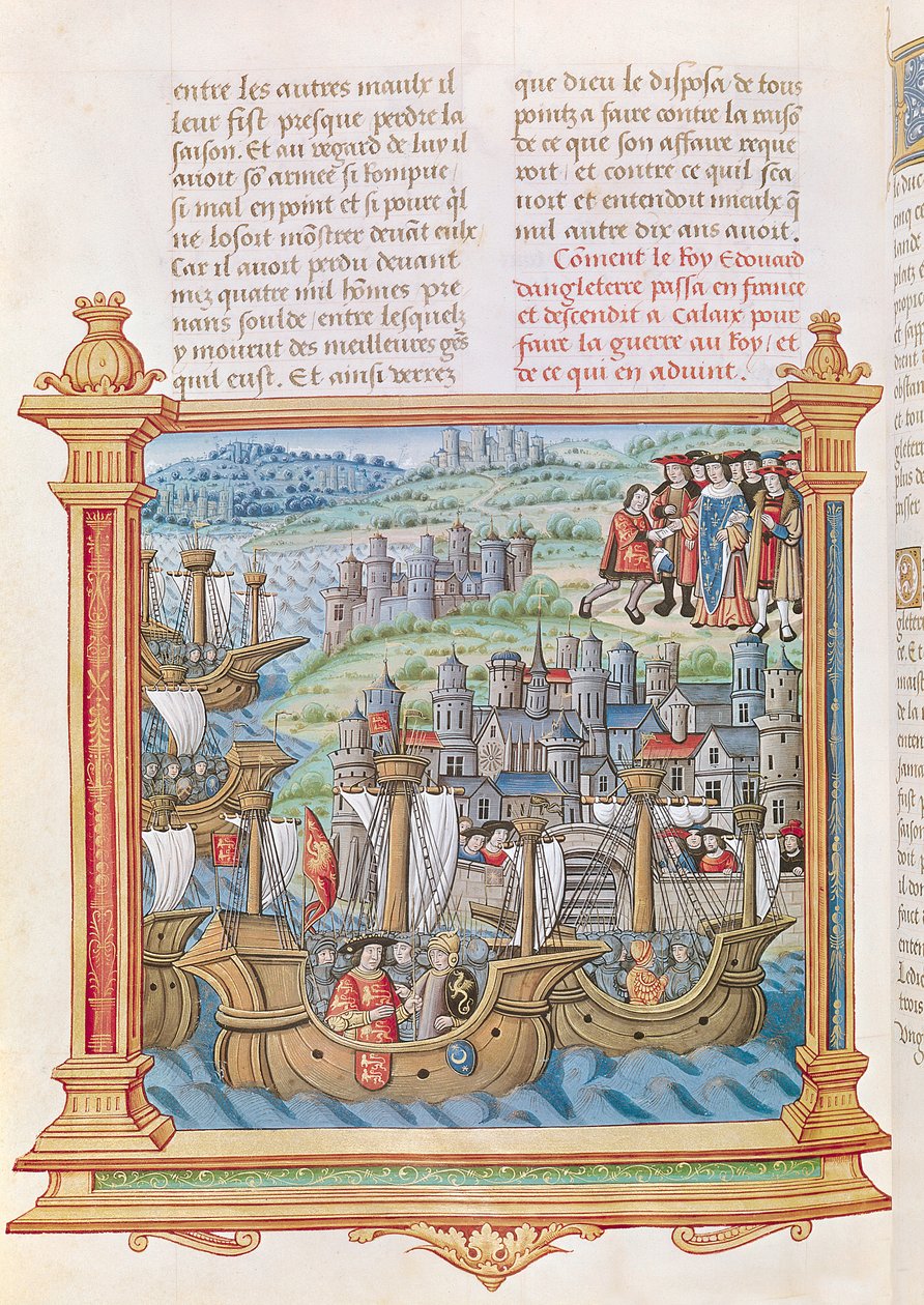 Ms.18 f.109v IV. Edward angol partraszállás Calais-ban, a Memoires de Philippe de Commines-ból alkotó: French School