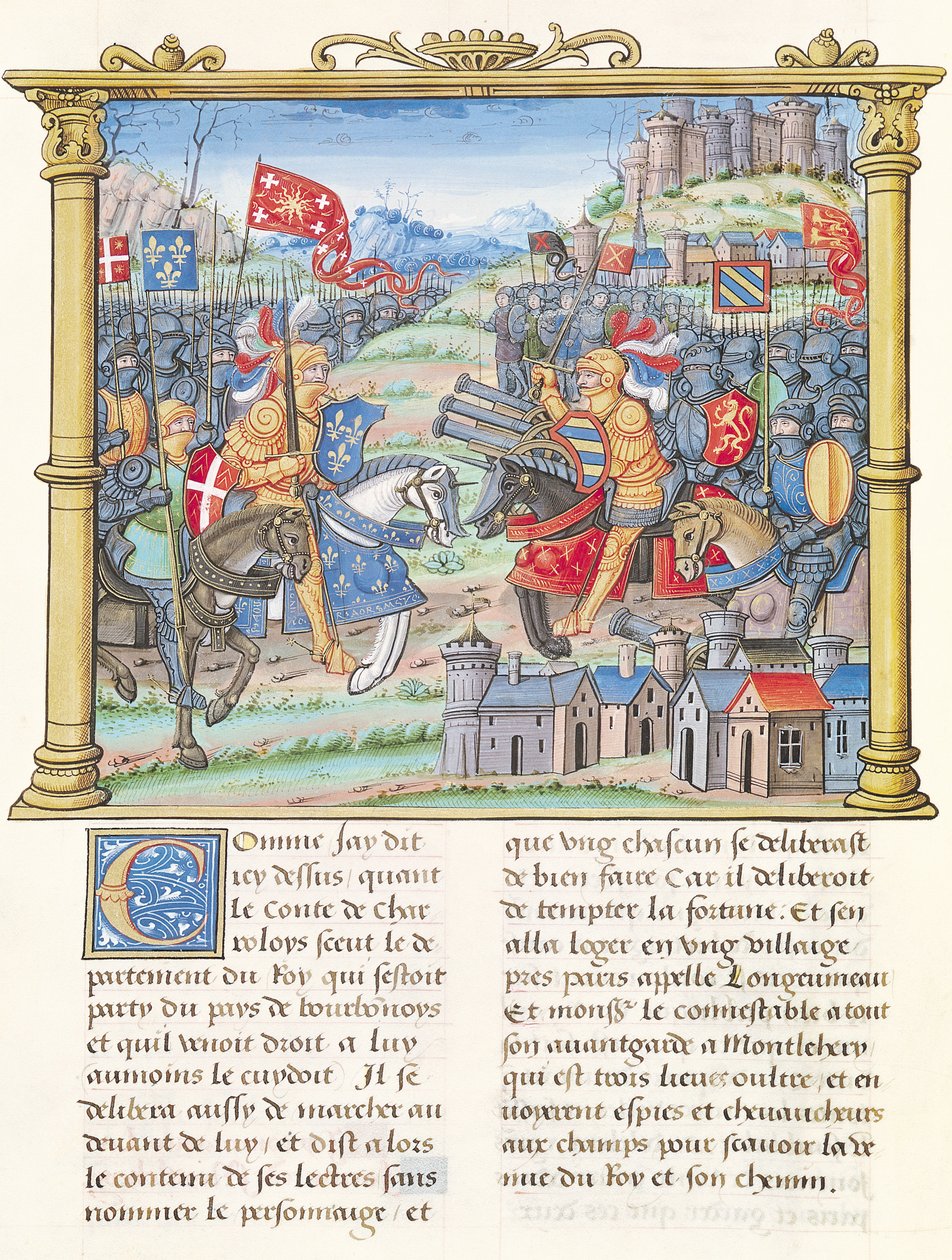 Ms.18 f.7v Montlhery-i csata a Jó Nyilvánosság Szövetségének háborúja során, 1465. július 14., Philippe of Commines (1445-1509) emlékirataiból alkotó: French School