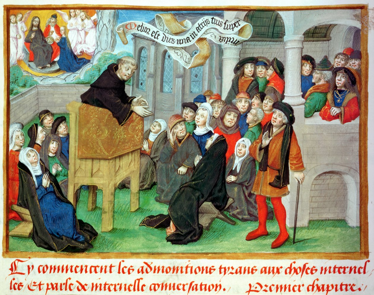 Ms.230 fol.57 Szerzetes prédikál az utánzásról, Jean de Gerson (1363-1429) Sermons sur la Passion et Traites Divers című könyvéből alkotó: French School