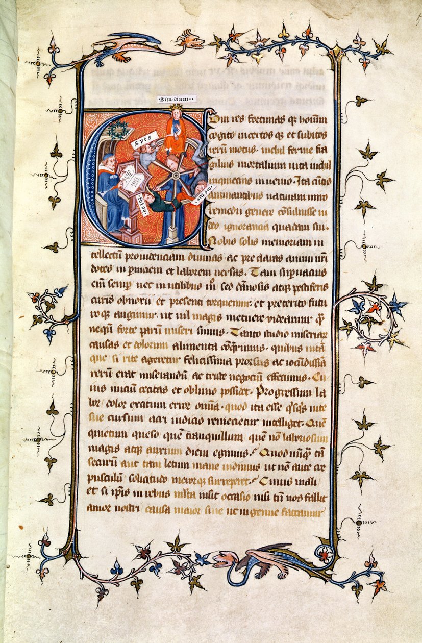 Ms.239 fol.1 oldal történetírással készült kezdőbetűvel, amely egy ülő férfit ábrázol a szerencsekerék előtt, Petrarch (1304-74) „De Remediis Utriusque Fortunae” című művéből. alkotó: French School