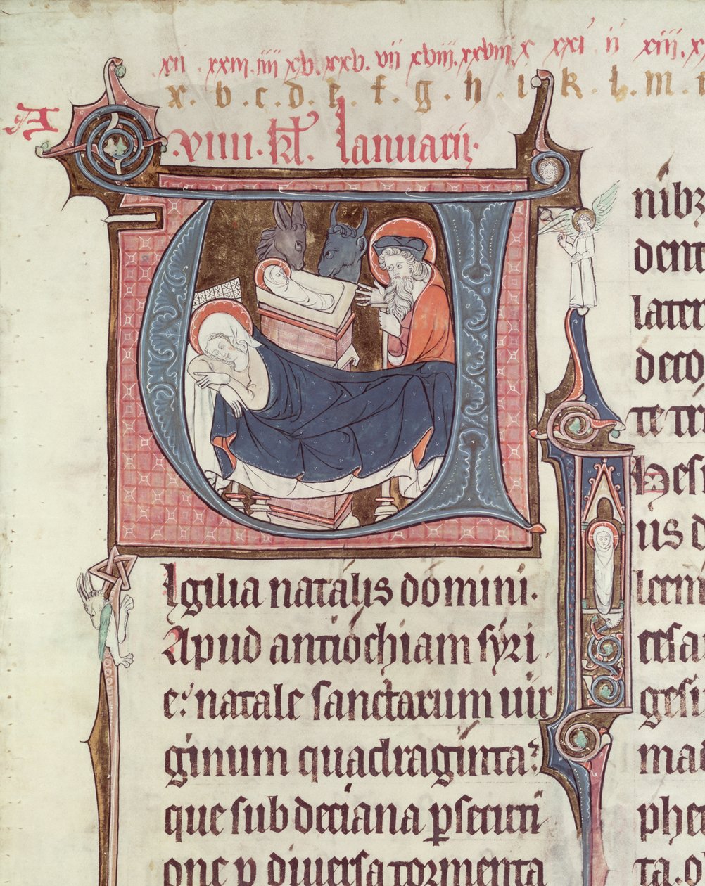 Ms.838 fol.55 Történeti U és I kezdőbetűk, amelyek a születést és a csecsemő Krisztust ábrázolják, Obituaire de Notre Dame de Pres-ből, 1270 után (lásd még: 155905) alkotó: French School