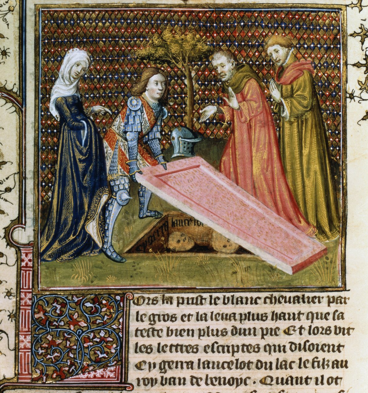 Ms.Fr.118 f.190 Lancelot leemeli a követ saját előre elrendelt sírjáról, és megtudja nevét és származását a Livre de Messire Lancelot du Lac-tól alkotó: French School