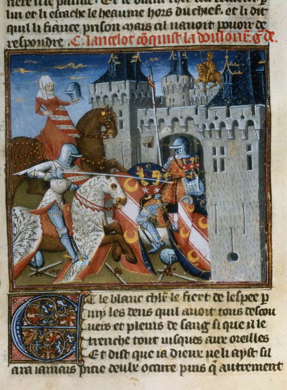 Ms.Fr 118 f.189v Sir Lancelot elfogja Dolorous Garde-ot egy új pajzs segítségével, amelyet a Tó Hölgye adott neki a Livre de Messire Lancelot du Lacból alkotó: French School
