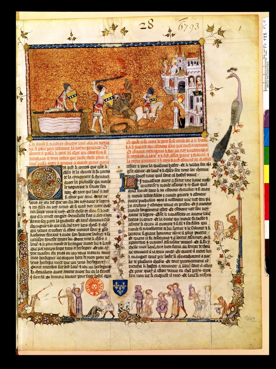 Ms. Fr 122 f.1 Sir Lancelot átkel a Kardhídon a Roman de Lancelot du Lac felől, 1344 alkotó: French School