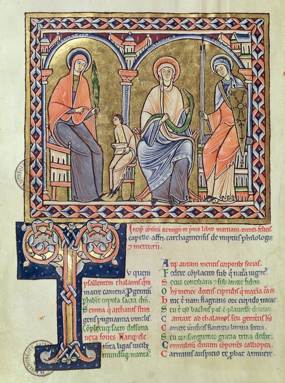 Ms 1041 f.1v Nyelvtan, dialektus és retorika a Satyriconból, Martianus Capella, 1200 körül alkotó: French School