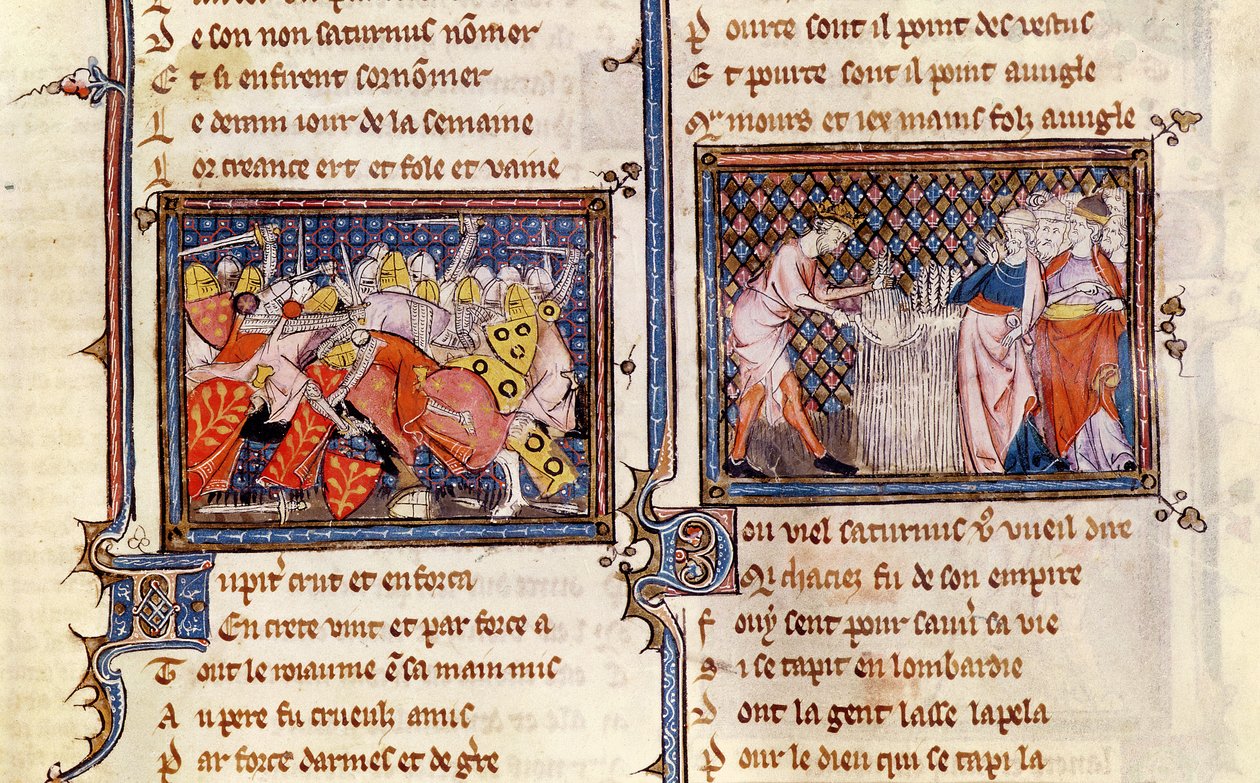 Ms 1044 fol.20 Jupiter kontra Szaturnusz: A Szaturnusz megtanítja a langobardokat a sarló használatára, az Ovide Moralise-ból, írta Chretien Legouais alkotó: French School