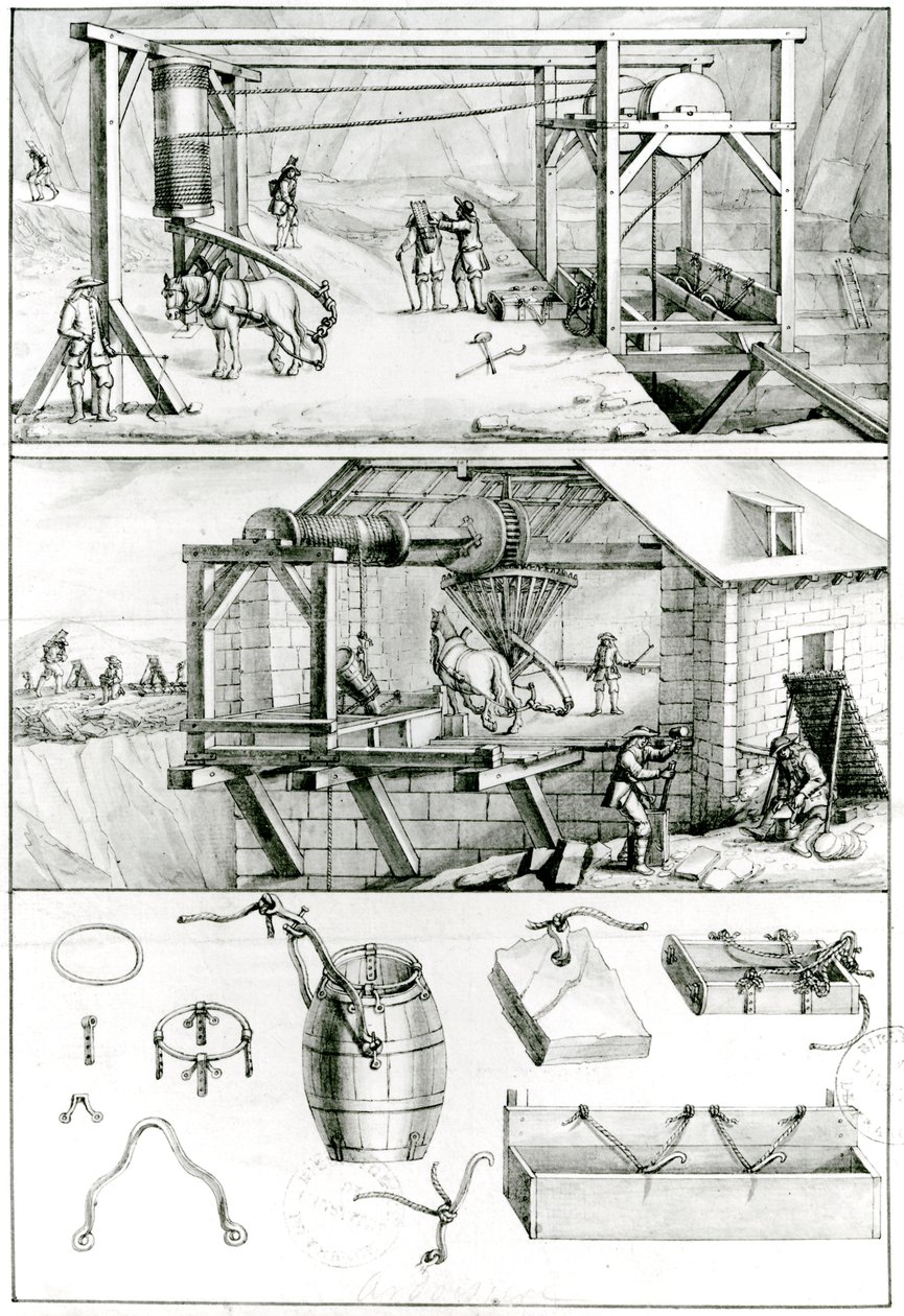 Ms 1064 fol.8 A Slate Quarry, a Descriptions des Arts et Metiers alkotó: French School