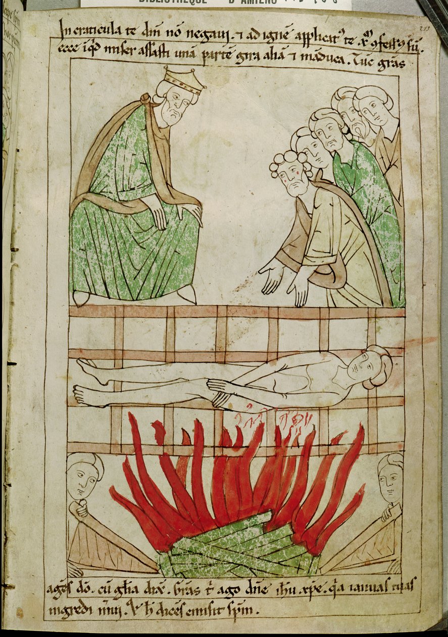 Ms 108 fol.213 Szent Lőrinc vértanúsága i.sz. 258-ban, egy Bibliából alkotó: French School