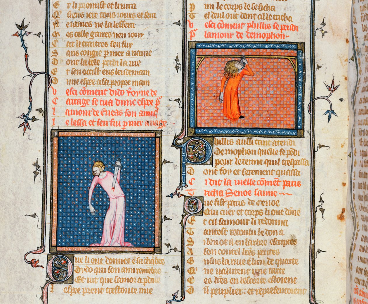 Ms 1126 Dido öngyilkossága kard által és Phyllis öngyilkossága akasztás által, Guillaume de Loris és Jean de Meung Le Roman de la Rose című művéből, 1360-70 körül alkotó: French School