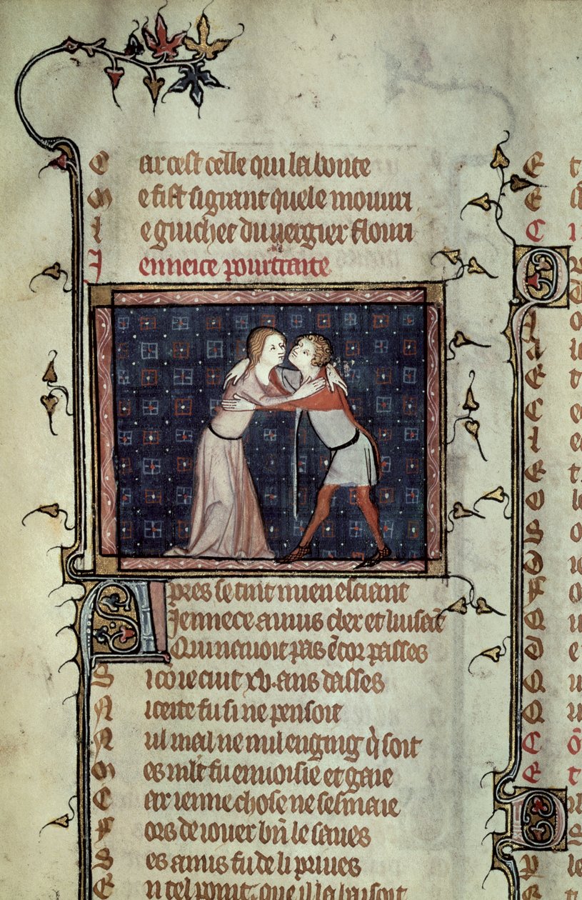 Ms 1126 fol.8r Youth and Love Embracing, a Le Roman de la Rose-ból, Guillaume de Loris és Jean de Meung alkotó: French School