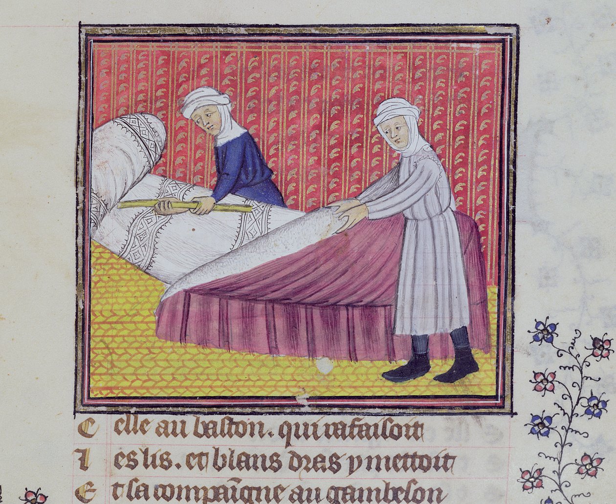 Ms 1130 fol.83r Szűz és szegénység ágyat vetve, a Le Roman des Trois Pelerinagesből, Guillaume de Digulleville alkotó: French School