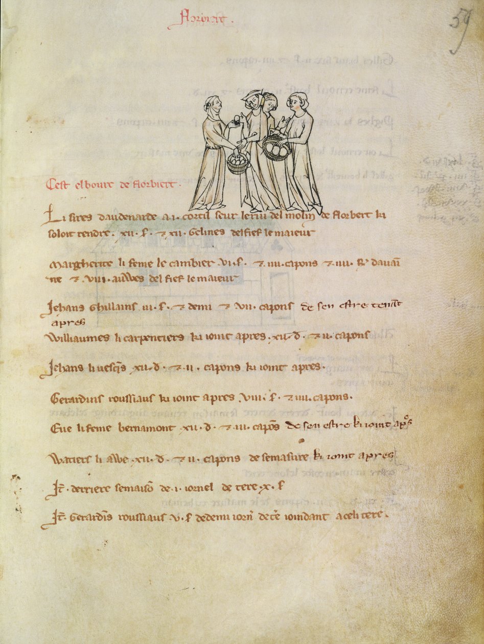 Ms 1175 f.59r Nők vásárolnak tojást, Vieil Rentier dAudenarde, 1291-1302 alkotó: French School