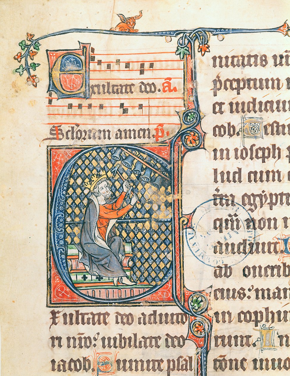 Ms 124 f. 83 Történelmi kezdőbetű, amely Dávid királyt harangjátékon ábrázolja, illusztráció egy zsoltárból alkotó: French School
