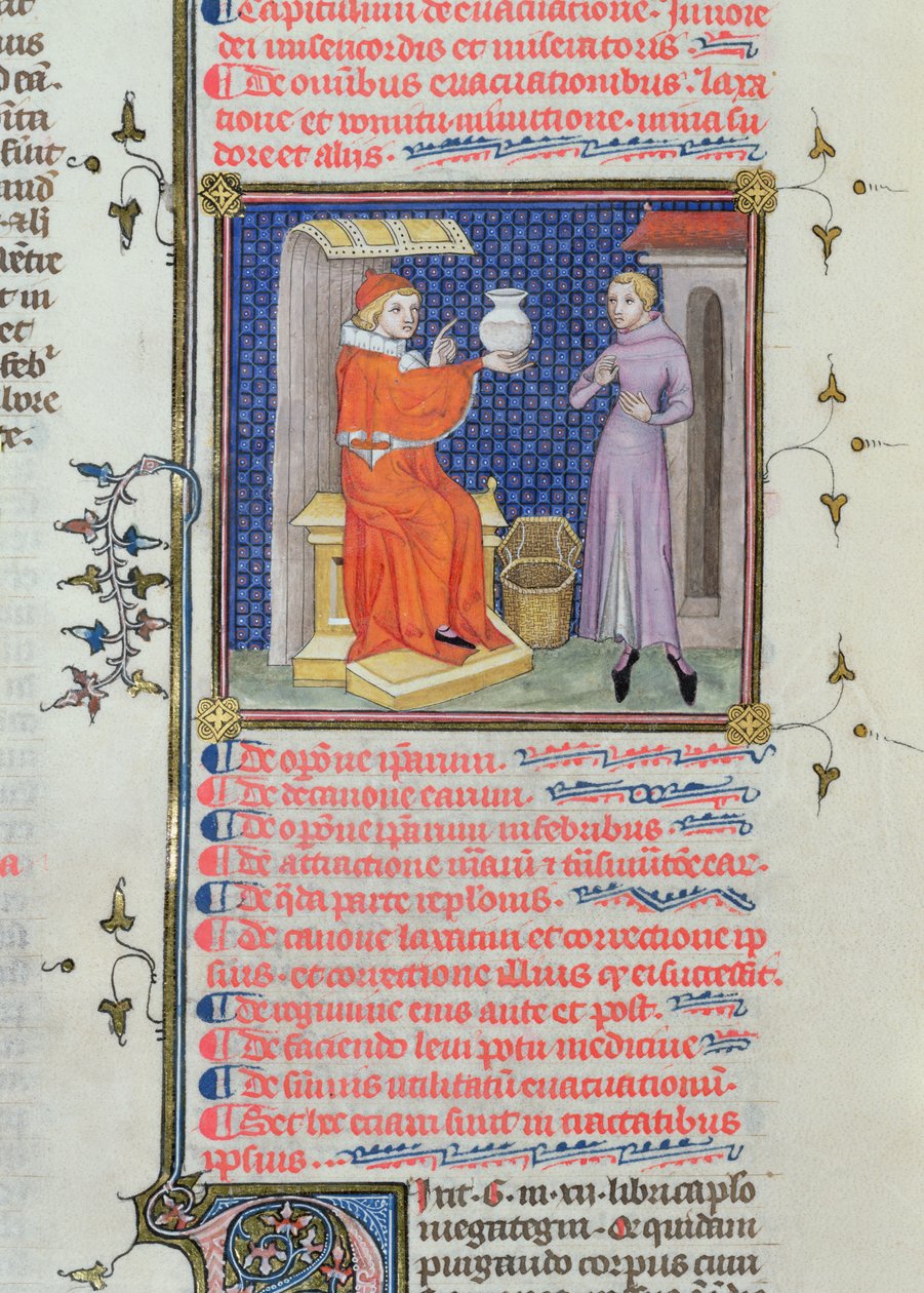 Ms 126 fol.200v Egy orvos, aki vizeletelemzést végez, Rhazes (Ibn Zakariya) kéziratából (860-c.923) alkotó: French School