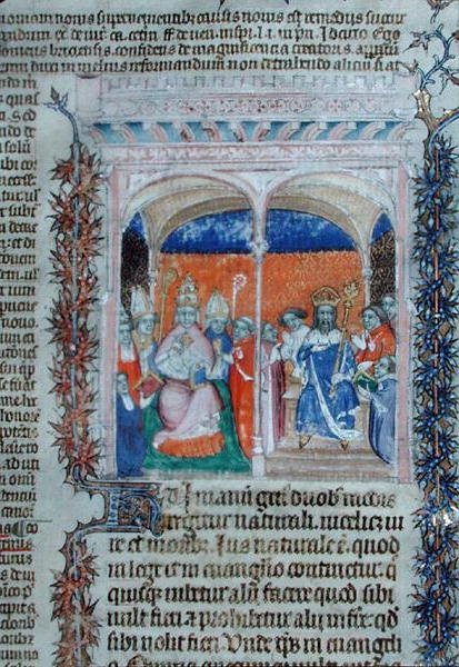 Ms 1290 A pápa és a király, a "Decrets de Gratien"-ből (vellum) alkotó: French School