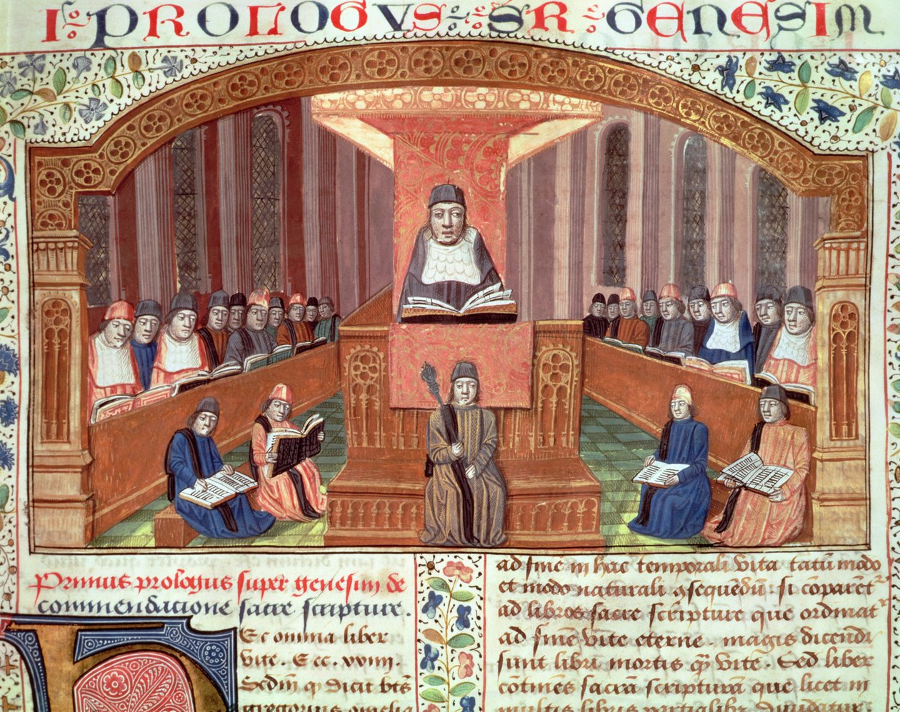 Ms 129 f.32 Teológia lecke a Sorbonne-ban, Postilles sur le Pentateuchtól, Nicolas de Lyre által írt szöveg illusztrációja alkotó: French School