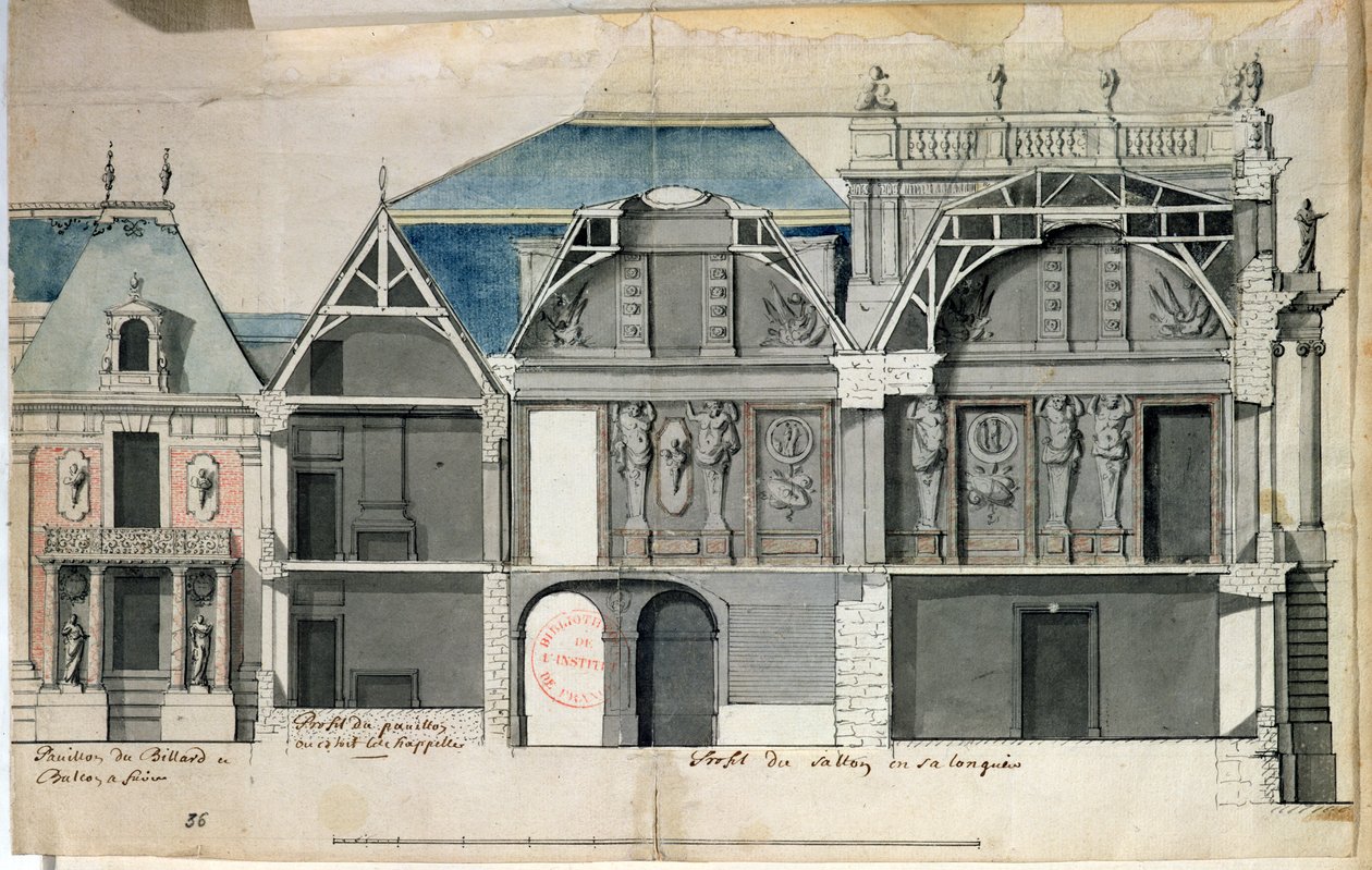 Ms 130736 A Versailles-i kastély Louis Le Vau által épített szárnyának keresztmetszete ((1612-70) (wc papíron) alkotó: French School