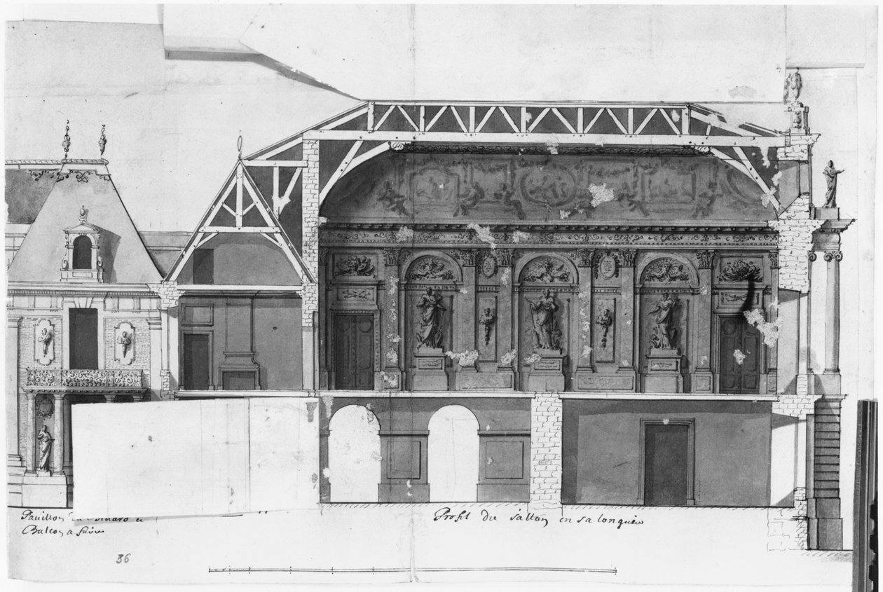 Ms 130736 A Grand Salon és a Salle de Diane a Versailles-i kastély dél-északi keresztmetszete, amelyet Louis Le Vau épített (1612-70) (wc papíron) alkotó: French School