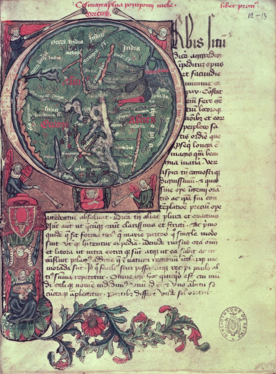 Ms 1321 fol.12 Történeti "O" kezdőbetű, amely a Földet ábrázolja, Pomponius Mela (Kr.u. 50 körül) "De Situ Orbis" című művéből 1418 1418 alkotó: French School