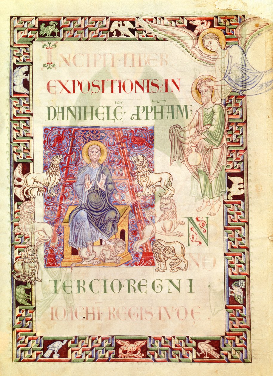 Ms 132 f.2v Daniel a Habakuk által táplált oroszlánok odújában, Szent Jeromos Prophetas és Ecclesiasten magyarázatából alkotó: French School