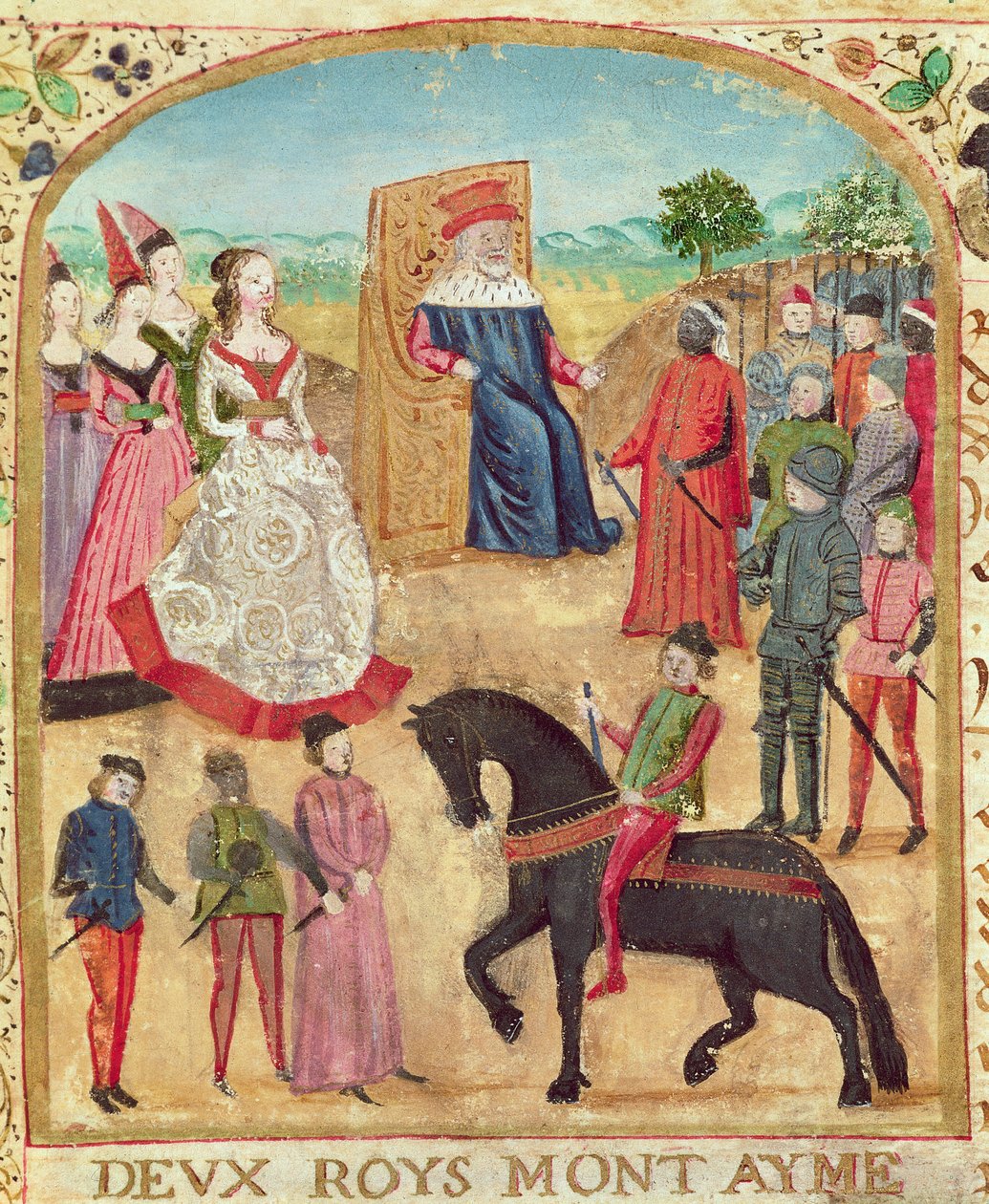 Ms 1335 f.1 Yorki Margitot bemutatják leendő férjének, Merész Károlynak 1468. június 27-én Damme-ban alkotó: French School