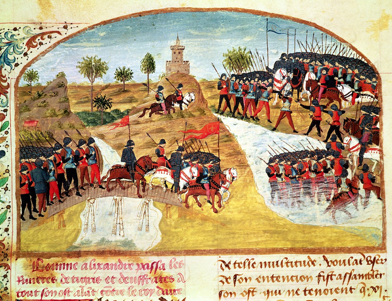 Ms 1335 f.62v Hogyan kelt át Nagy Sándor (Kr. e. 356-323) a Tigrisen és az Eufrátesen, Vie dAlexandre le Grandból alkotó: French School