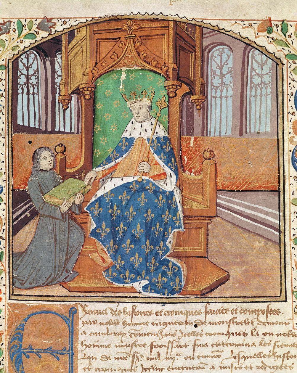 Ms 1468 fol.1 A szerző felajánlja könyvét VII. Károly királynak (Les Chroniques de Monstrelet) alkotó: French School