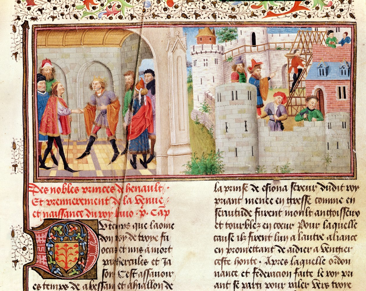 Ms 149 t.1 fol.16 Egy megállapodás és egy kastély építése, a Histoire des Nobles Princes de Hainaut, Jacques de Guise alkotó: French School
